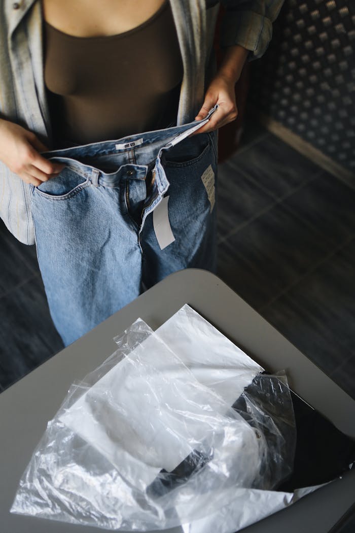 Woman tries on denim jeans in a clothing store, exploring casual fashion options.